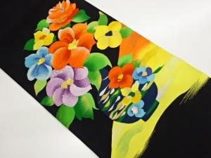 綴れ花瓶に花々・幾何学模様織出し名古屋帯